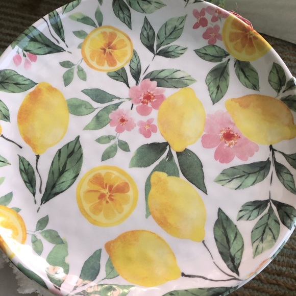 NWT Lemon & Pink Flowers Melamine Indoor Outdoor Dinner Plates set/4 - Picture 2 of 4